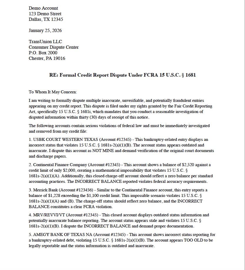 Generated dispute letter with bureau tabs and professional FCRA-compliant content